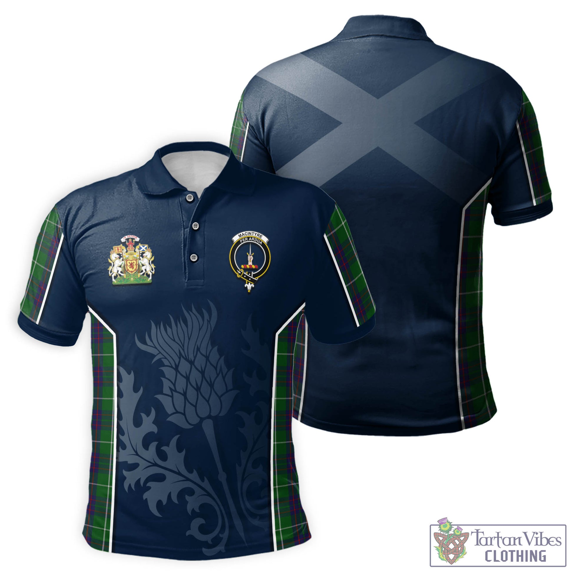 Tartan Vibes Clothing MacIntyre Hunting Tartan Men's Polo Shirt with Family Crest and Scottish Thistle Vibes Sport Style