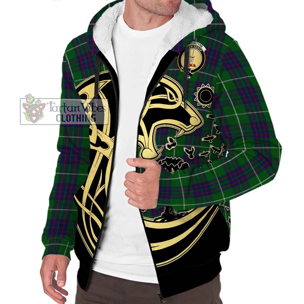 Tartan Vibes Clothing MacIntyre Hunting Tartan Sherpa Hoodie with Family Crest Celtic Wolf Style