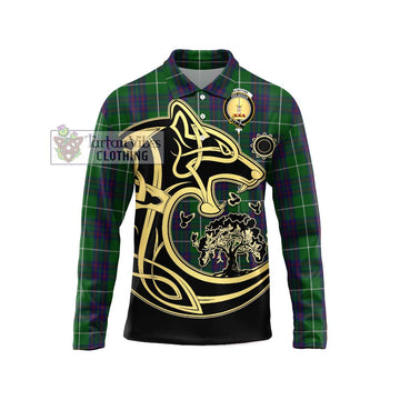 MacIntyre Hunting Tartan Long Sleeve Polo Shirt with Family Crest Celtic Wolf Style