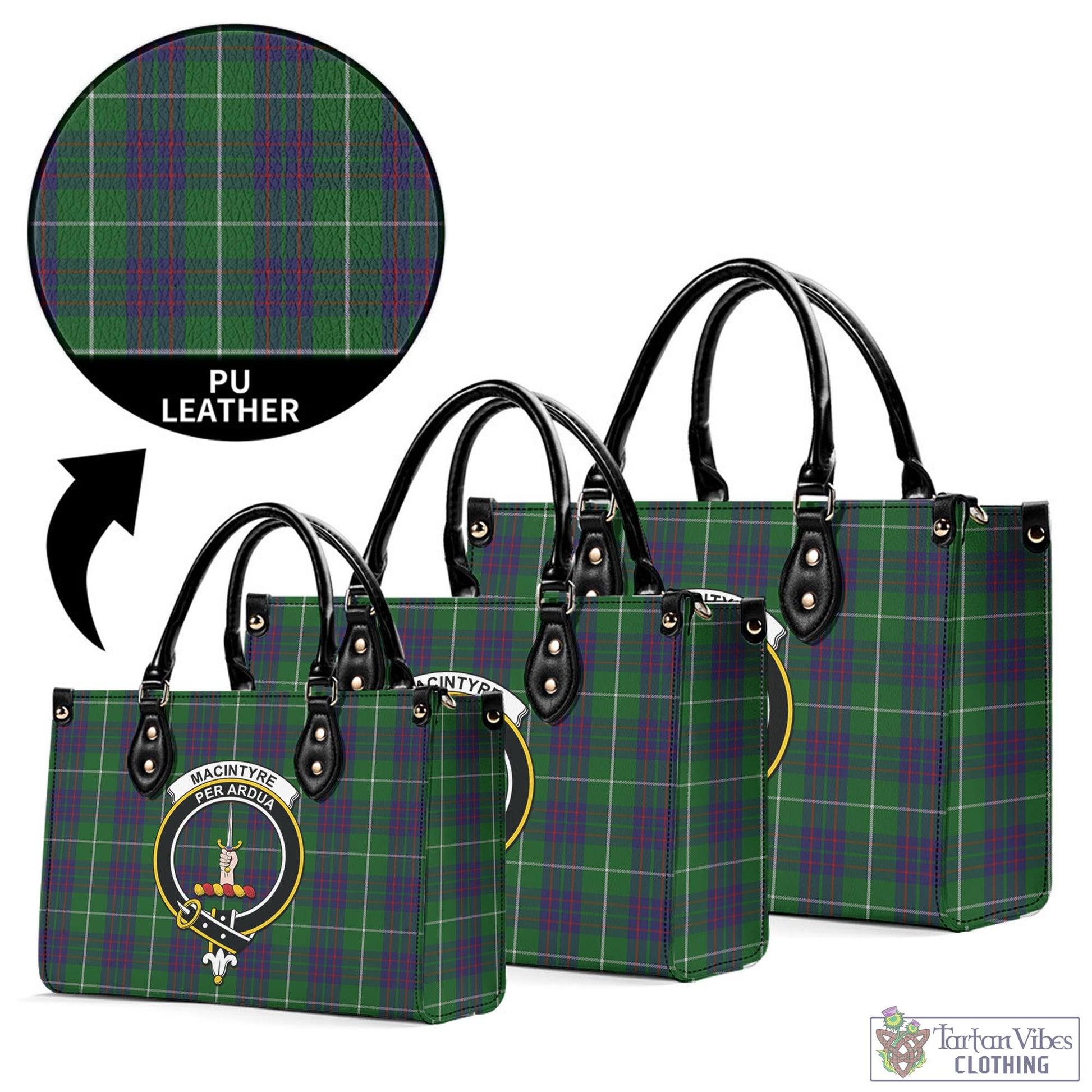 Tartan Vibes Clothing MacIntyre Hunting Tartan Luxury Leather Handbags with Family Crest
