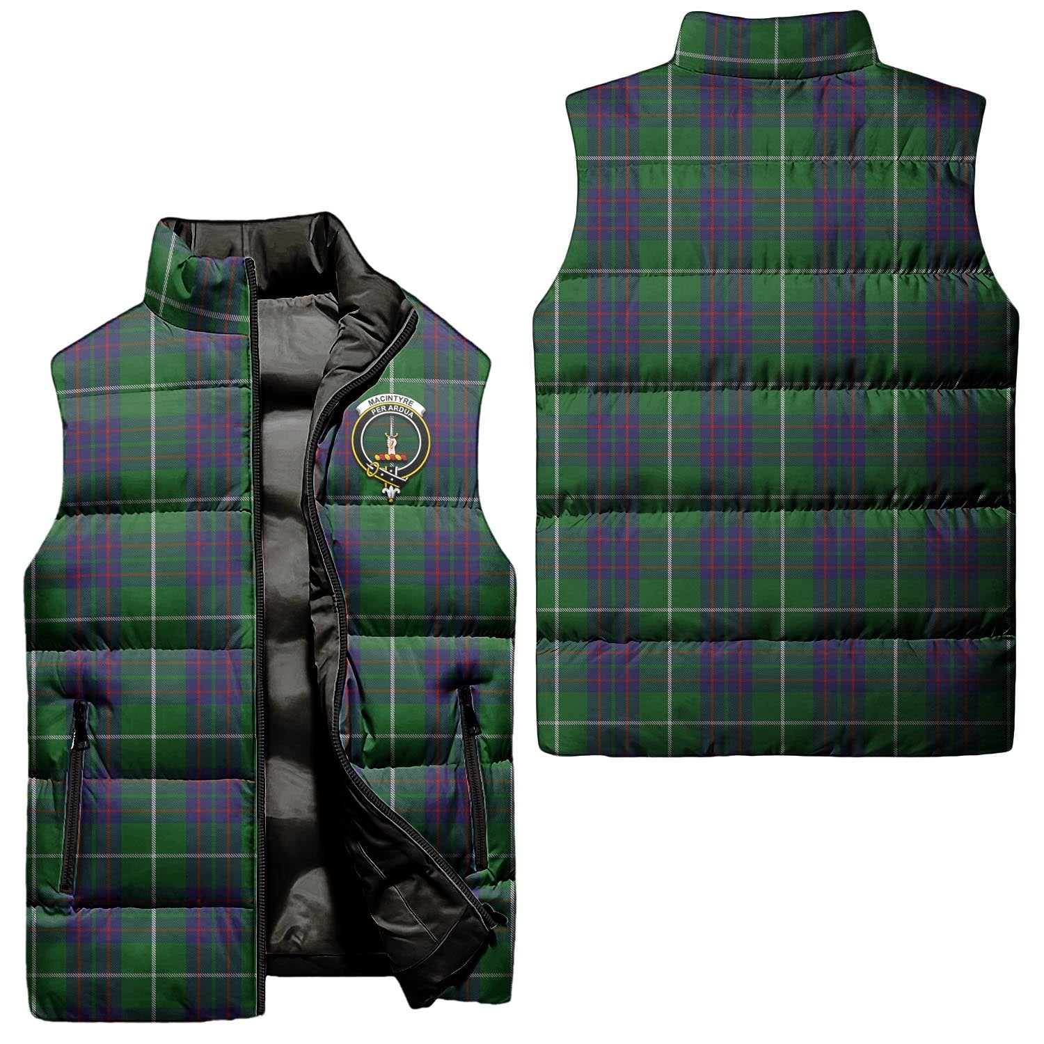 MacIntyre Hunting Tartan Sleeveless Puffer Jacket with Family Crest Unisex - Tartanvibesclothing