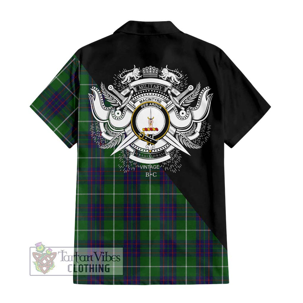 MacIntyre Hunting Tartan Short Sleeve Button Shirt with Family Crest and Military Logo Style - Tartanvibesclothing Shop