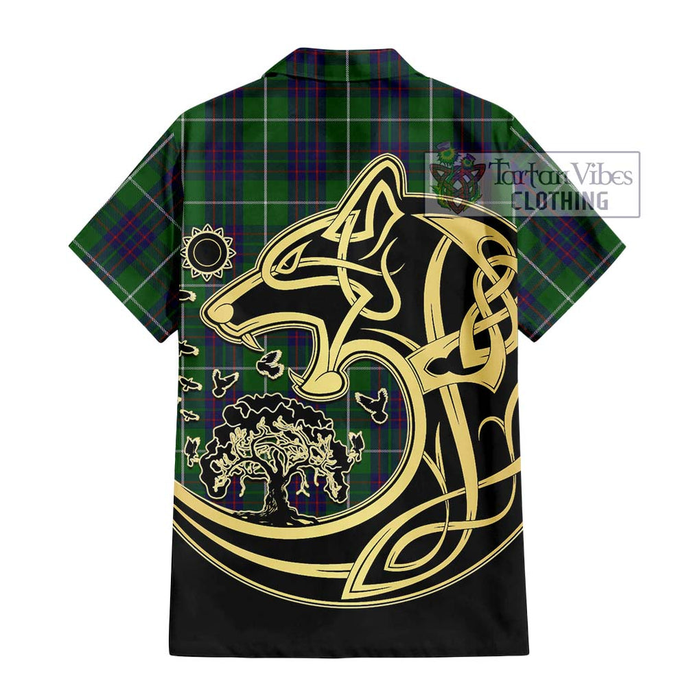 MacIntyre Hunting Tartan Short Sleeve Button Shirt with Family Crest Celtic Wolf Style - Tartan Vibes Clothing