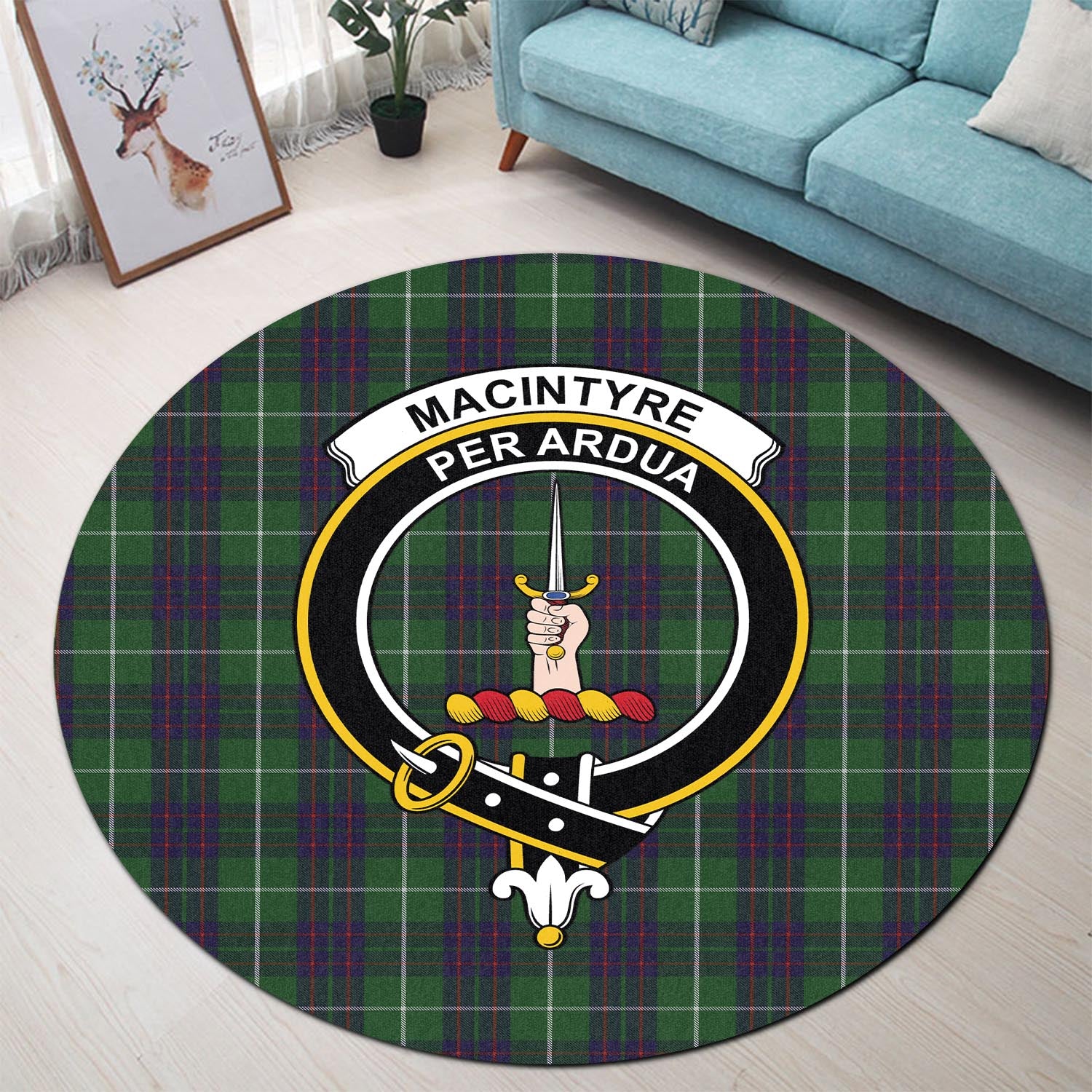 macintyre-hunting-tartan-round-rug-with-family-crest