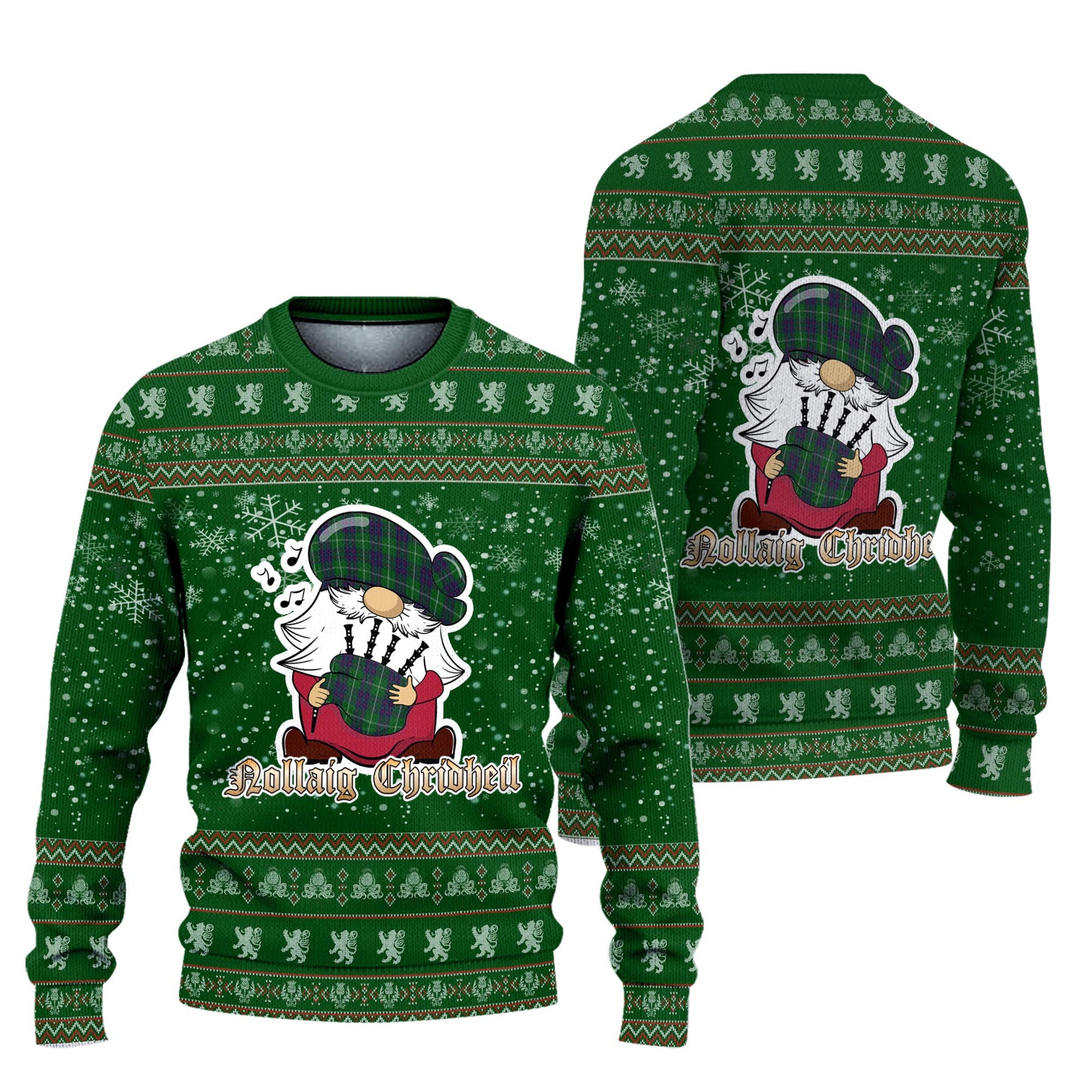 MacIntyre Hunting Clan Christmas Family Knitted Sweater with Funny Gnome Playing Bagpipes Unisex Green - Tartanvibesclothing