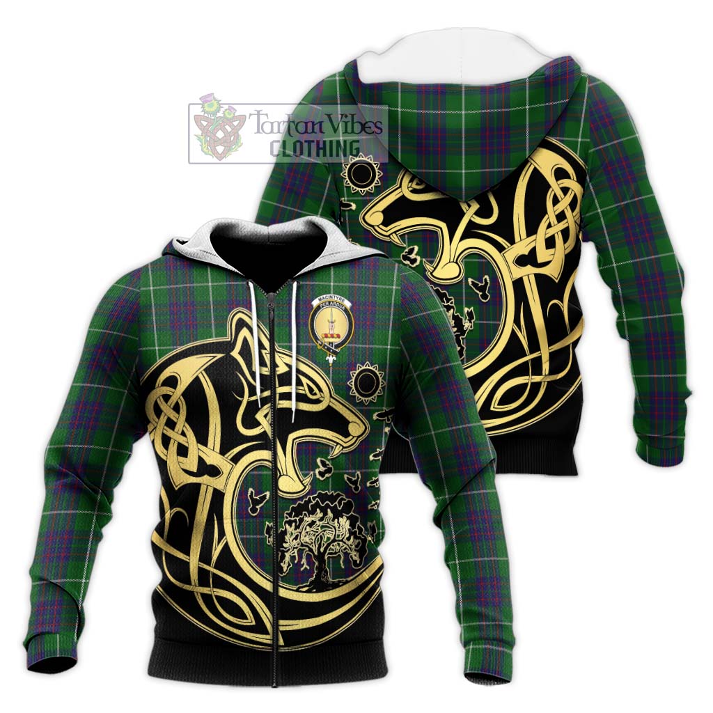 Tartan Vibes Clothing MacIntyre Hunting Tartan Knitted Hoodie with Family Crest Celtic Wolf Style