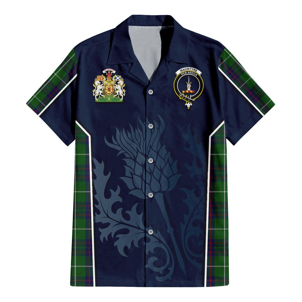 Tartan Vibes Clothing MacIntyre Hunting Tartan Short Sleeve Button Up Shirt with Family Crest and Scottish Thistle Vibes Sport Style