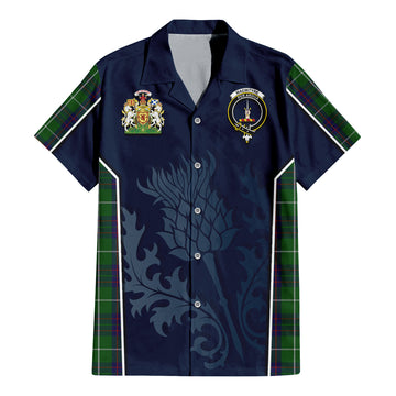 MacIntyre Hunting Tartan Short Sleeve Button Up Shirt with Family Crest and Scottish Thistle Vibes Sport Style