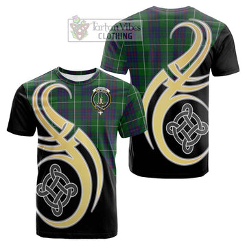 MacIntyre Hunting Tartan Cotton T-shirt with Family Crest and Celtic Symbol Style