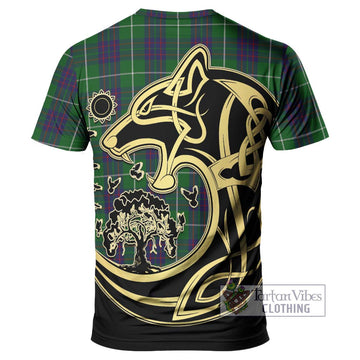 MacIntyre Hunting Tartan T-Shirt with Family Crest Celtic Wolf Style