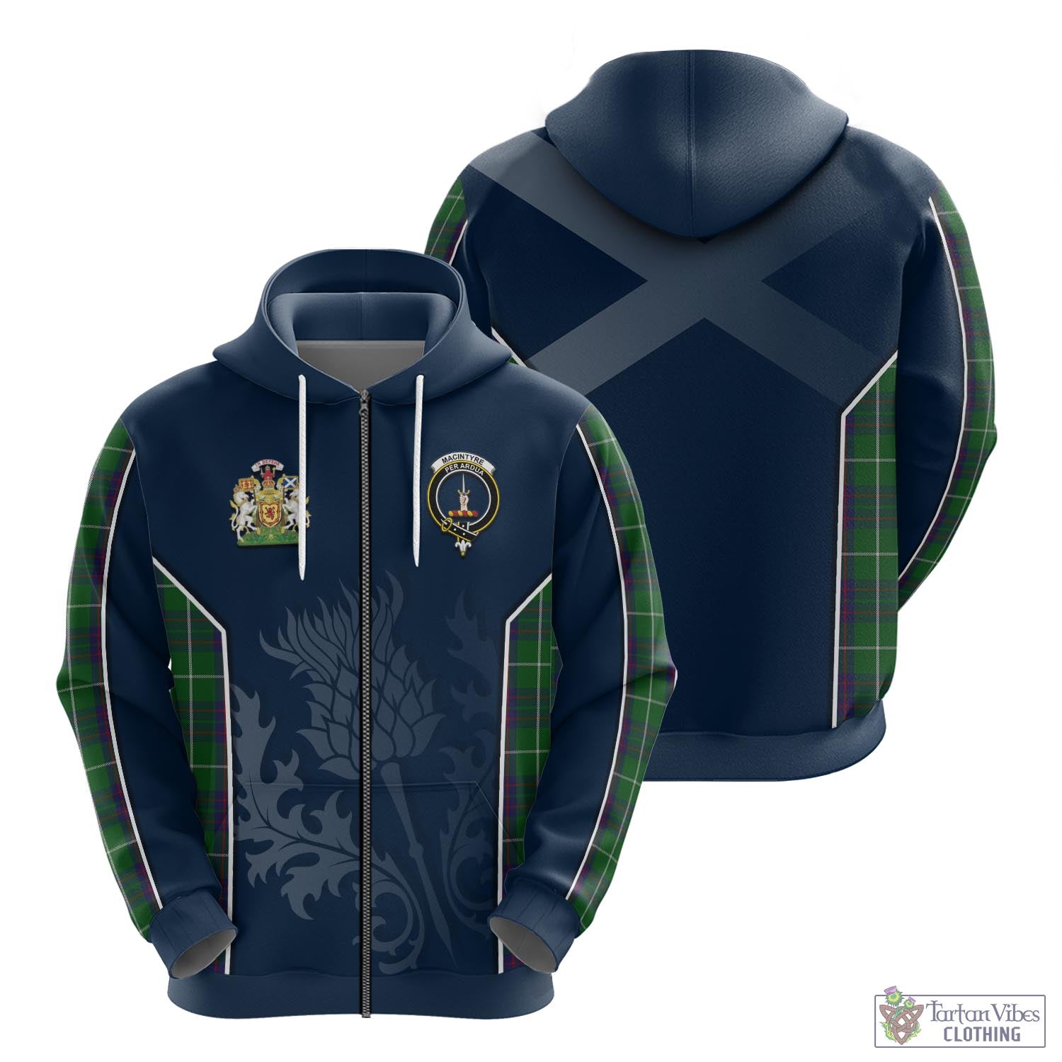 Tartan Vibes Clothing MacIntyre Hunting Tartan Hoodie with Family Crest and Scottish Thistle Vibes Sport Style