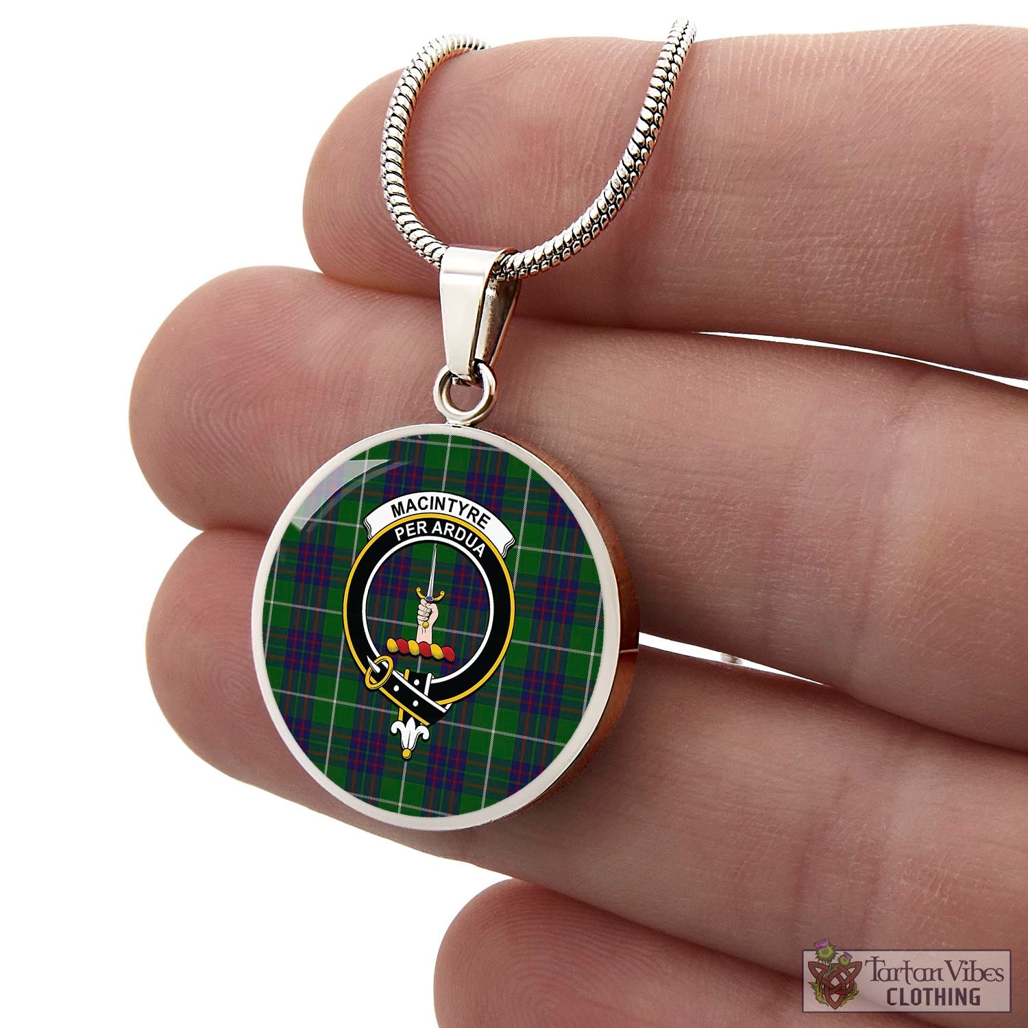 Tartan Vibes Clothing MacIntyre Hunting Tartan Circle Necklace with Family Crest