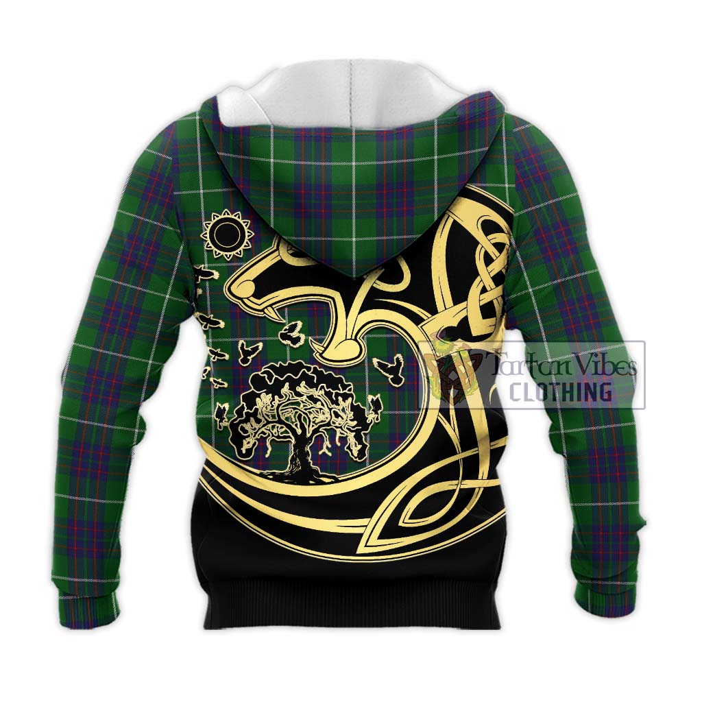 Tartan Vibes Clothing MacIntyre Hunting Tartan Knitted Hoodie with Family Crest Celtic Wolf Style