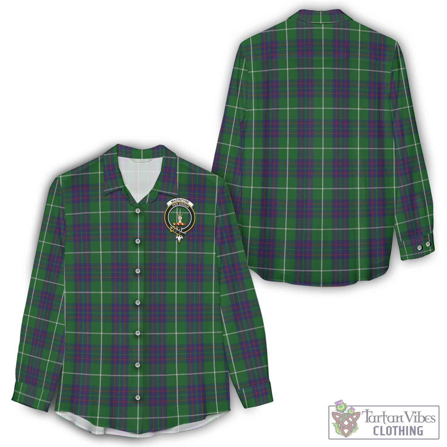 Tartan Vibes Clothing MacIntyre Hunting Tartan Womens Casual Shirt with Family Crest