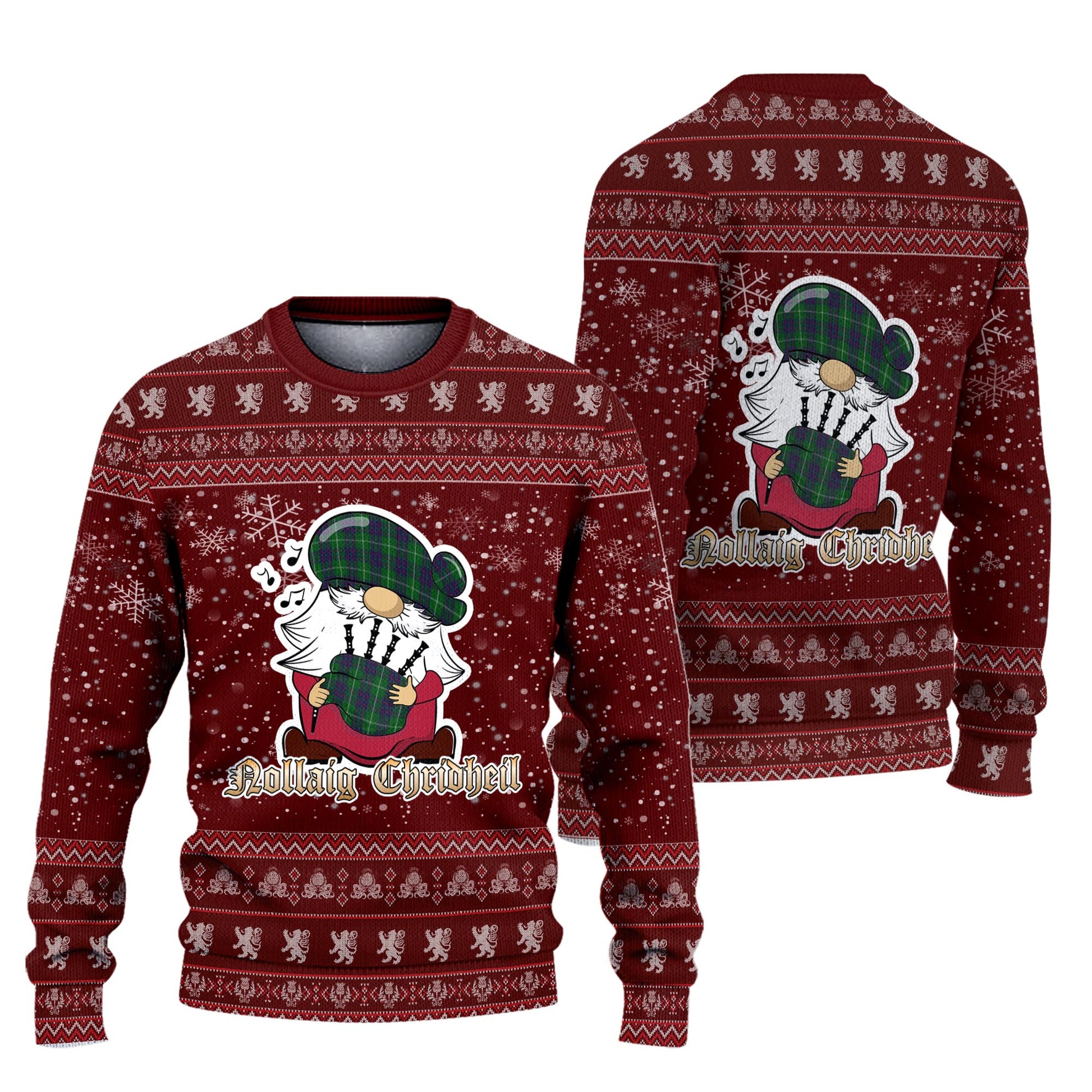 MacIntyre Hunting Clan Christmas Family Knitted Sweater with Funny Gnome Playing Bagpipes Unisex Red - Tartanvibesclothing