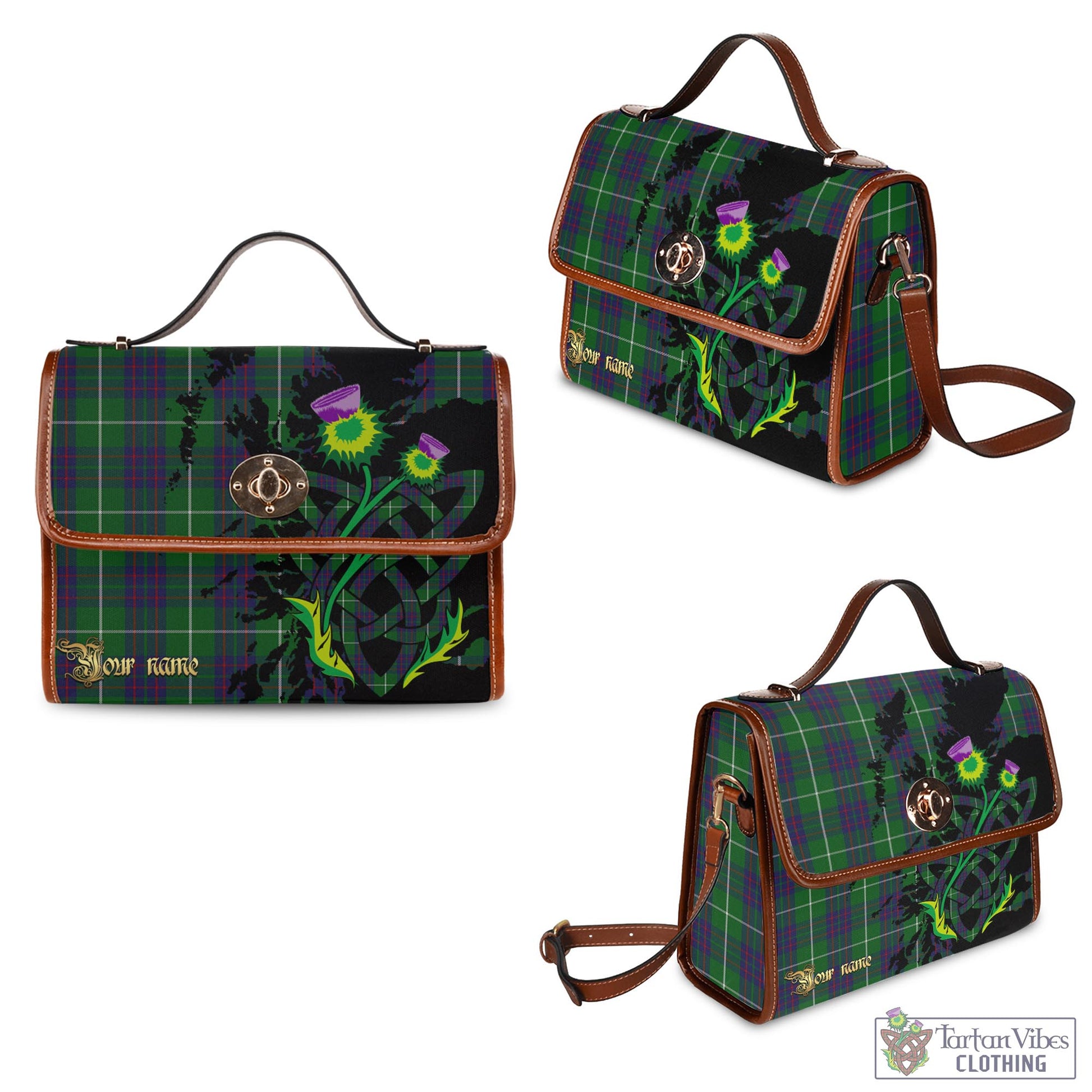 Tartan Vibes Clothing MacIntyre Hunting Tartan Waterproof Canvas Bag with Scotland Map and Thistle Celtic Accents