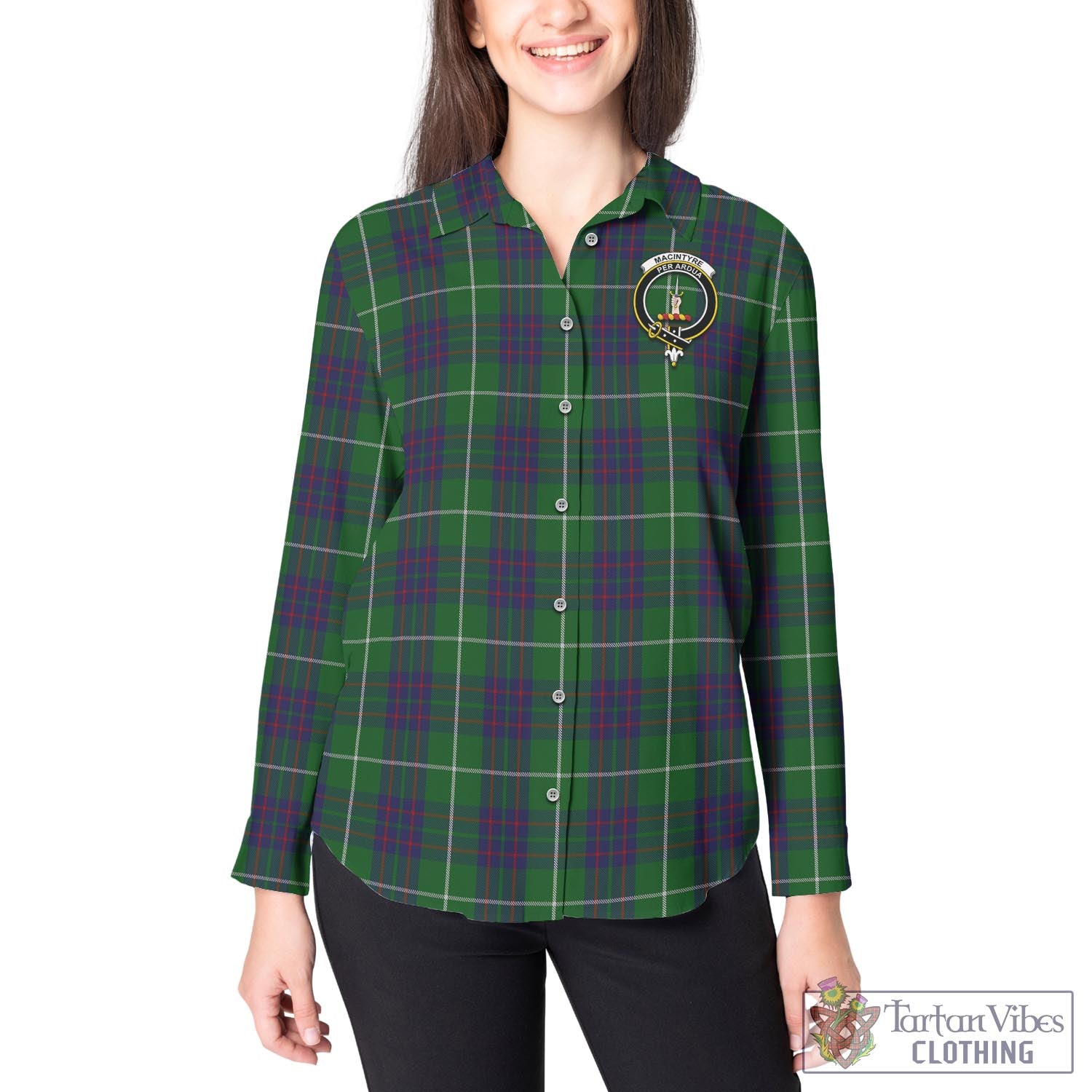 Tartan Vibes Clothing MacIntyre Hunting Tartan Womens Casual Shirt with Family Crest