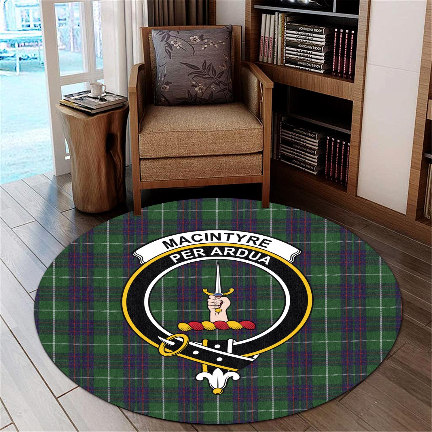 macintyre-hunting-tartan-round-rug-with-family-crest