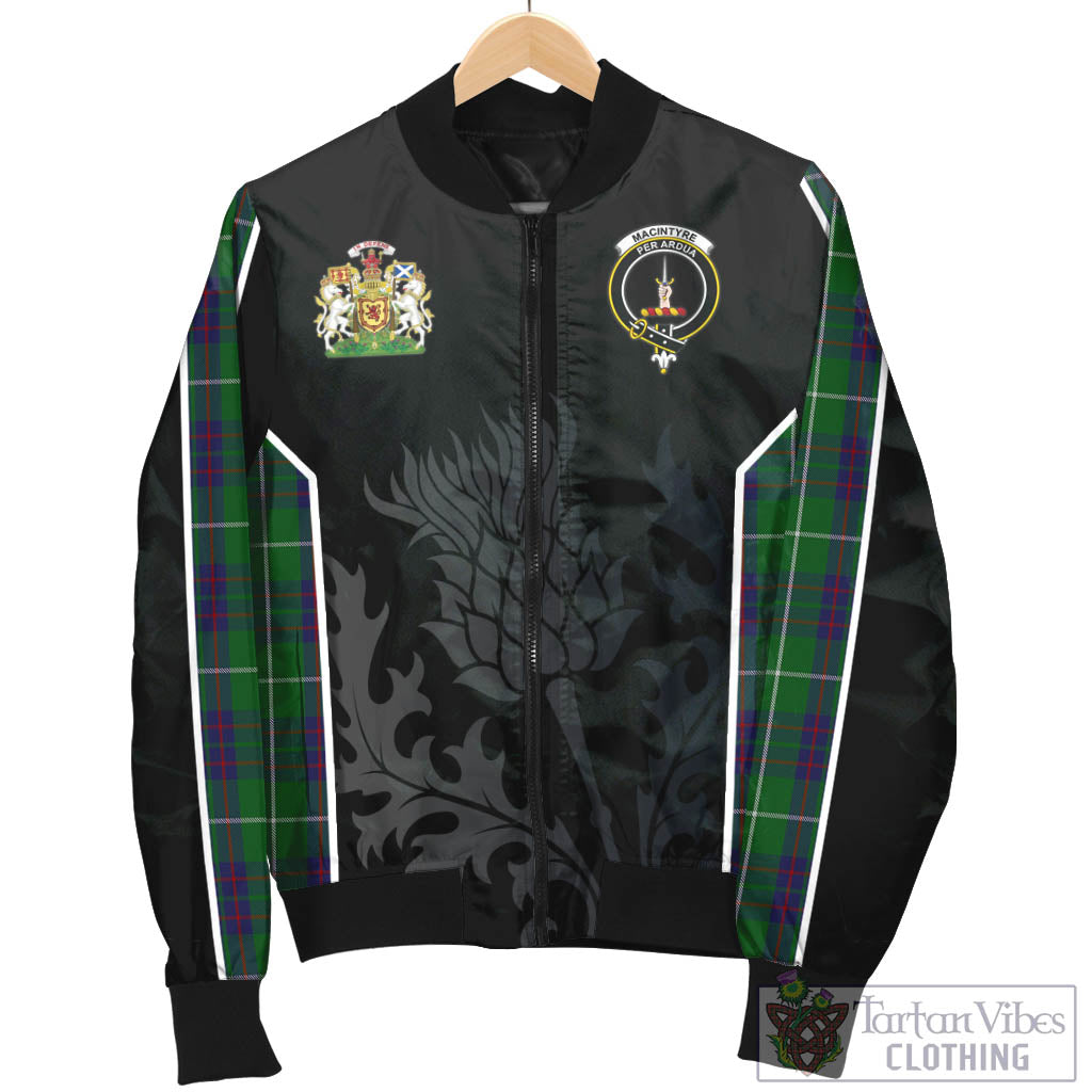 Tartan Vibes Clothing MacIntyre Hunting Tartan Bomber Jacket with Family Crest and Scottish Thistle Vibes Sport Style