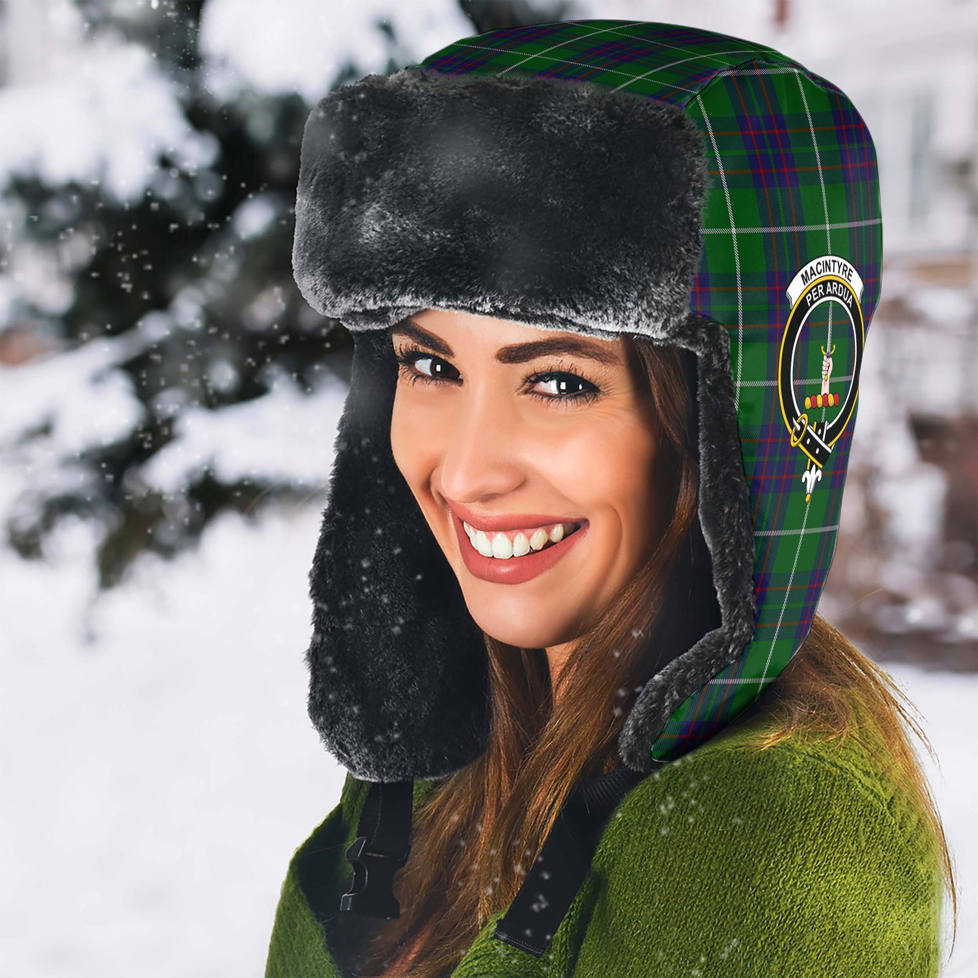 MacIntyre Hunting Tartan Winter Trapper Hat with Family Crest - Tartanvibesclothing