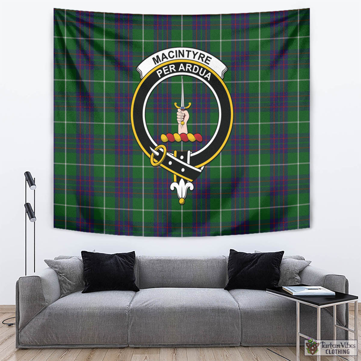 Tartan Vibes Clothing MacIntyre Hunting Tartan Tapestry Wall Hanging and Home Decor for Room with Family Crest