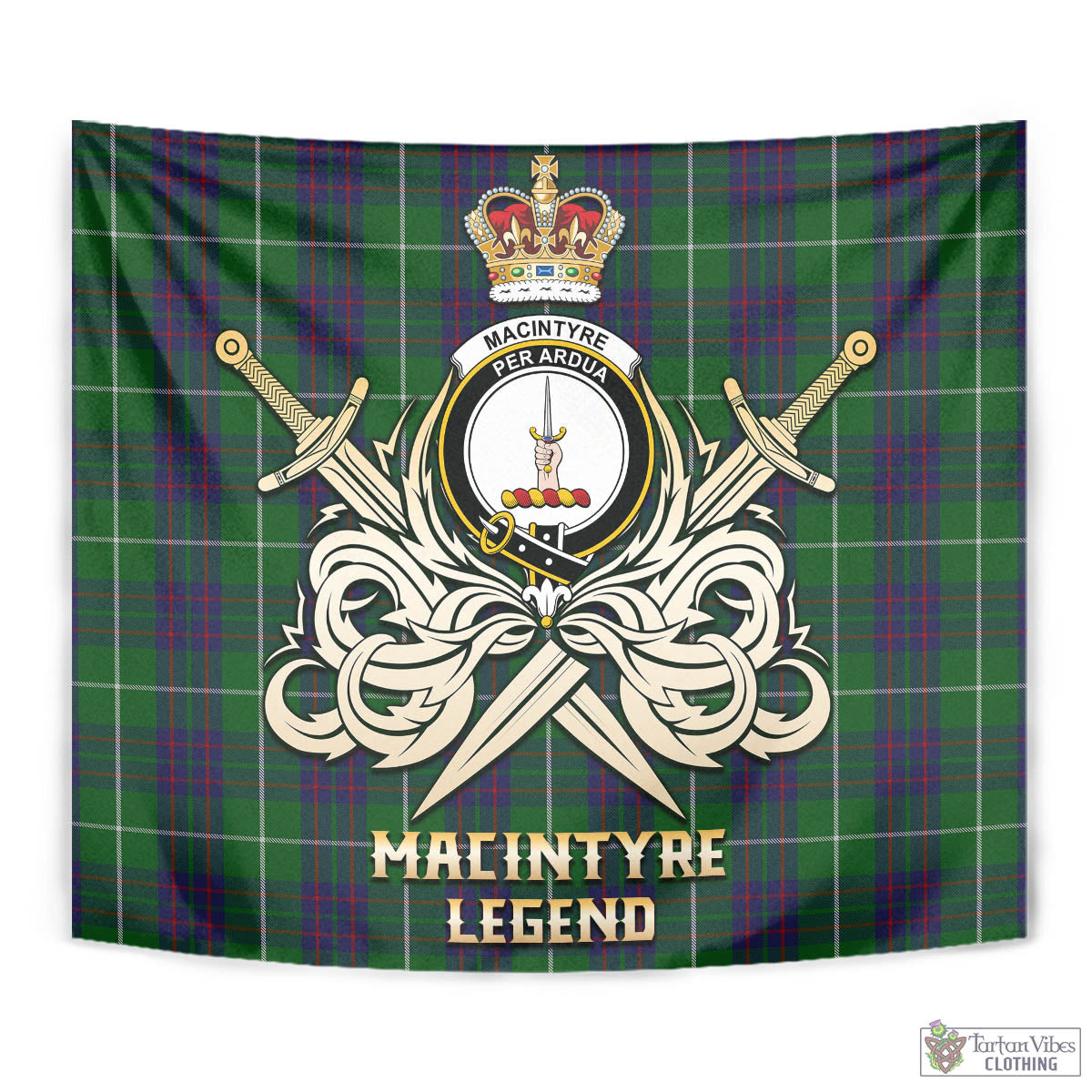 Tartan Vibes Clothing MacIntyre Hunting Tartan Tapestry with Clan Crest and the Golden Sword of Courageous Legacy