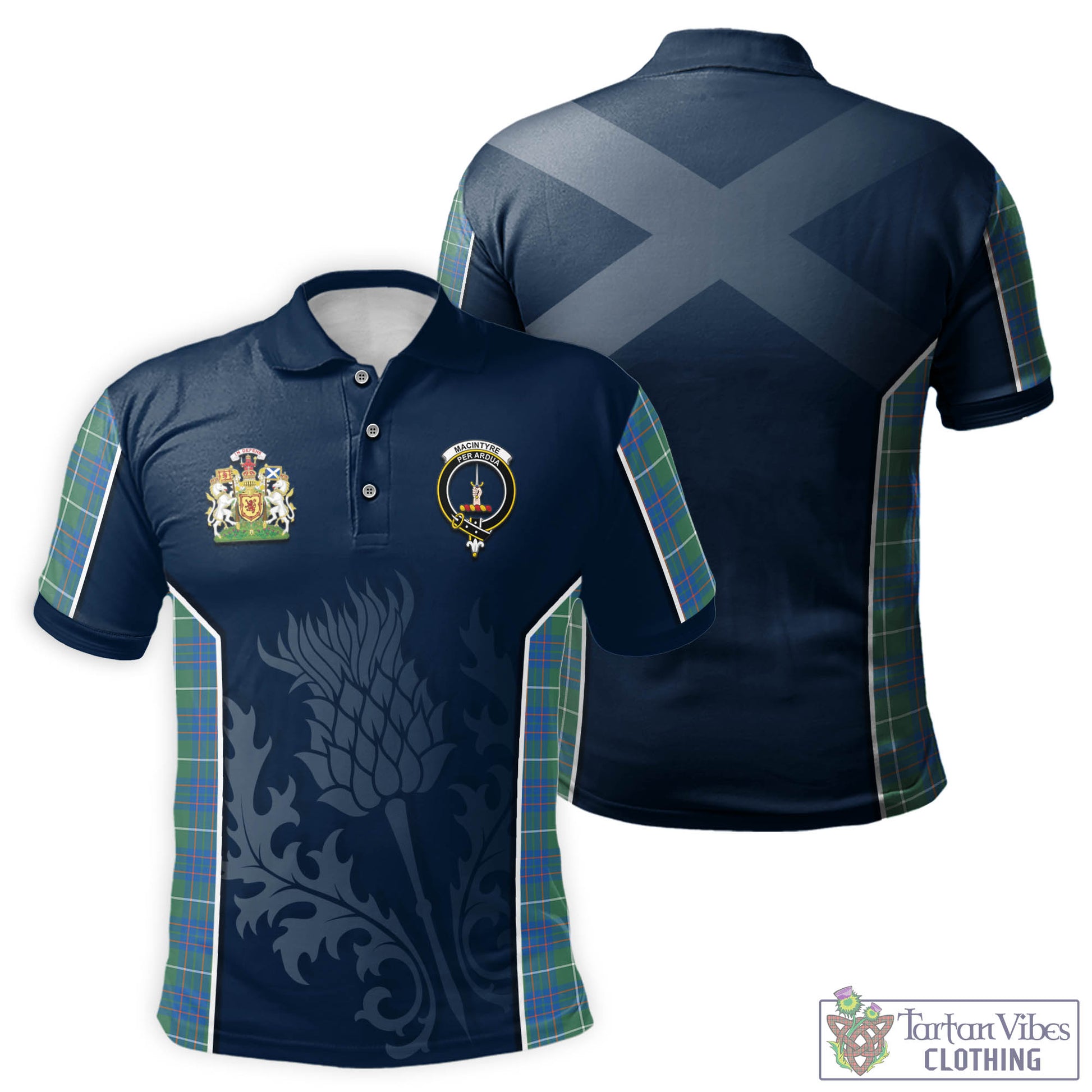 Tartan Vibes Clothing MacIntyre Hunting Ancient Tartan Men's Polo Shirt with Family Crest and Scottish Thistle Vibes Sport Style