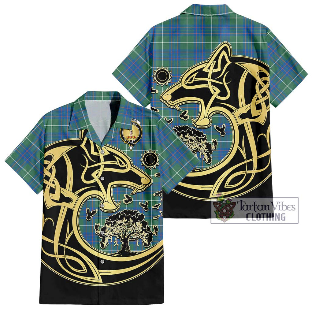 MacIntyre Hunting Ancient Tartan Short Sleeve Button Shirt with Family Crest Celtic Wolf Style Kid - Tartan Vibes Clothing