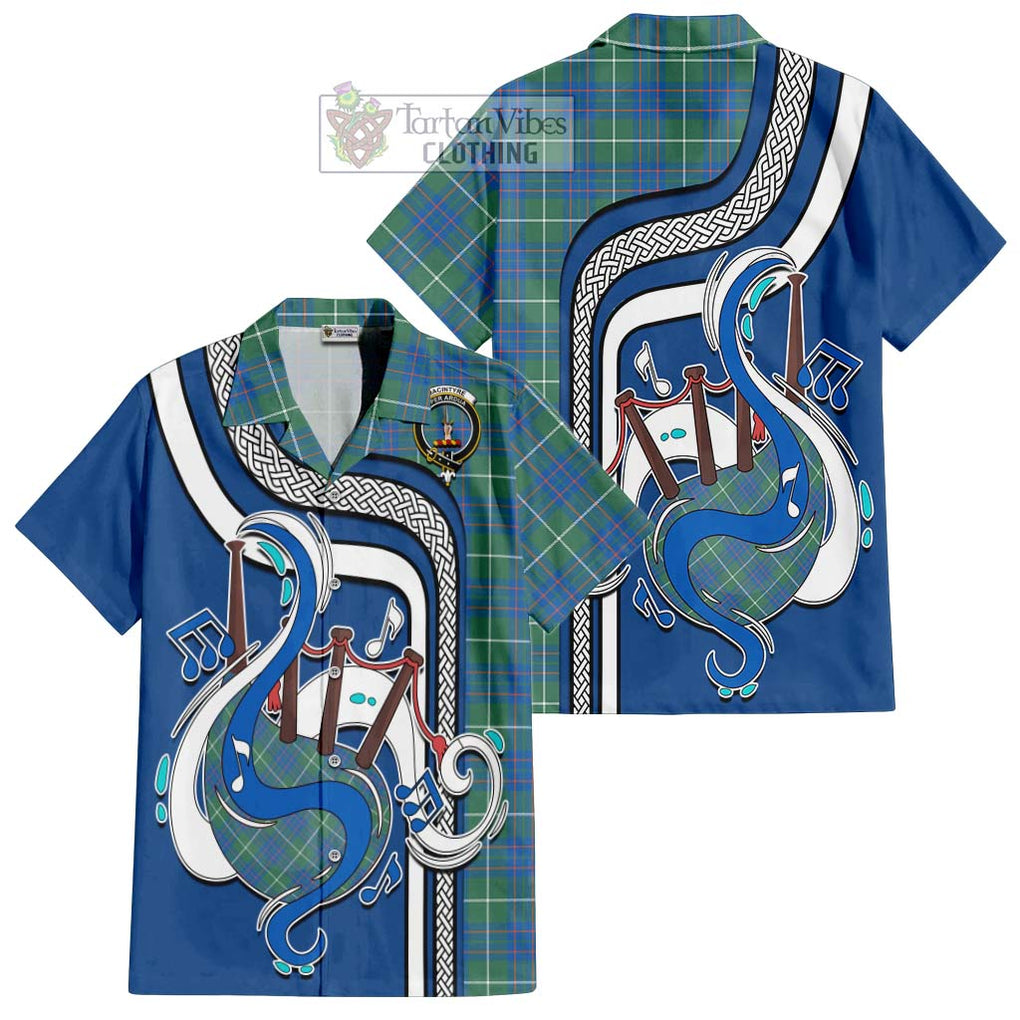 MacIntyre Hunting Ancient Tartan Short Sleeve Button Shirt with Epic Bagpipe Style Kid - Tartanvibesclothing Shop