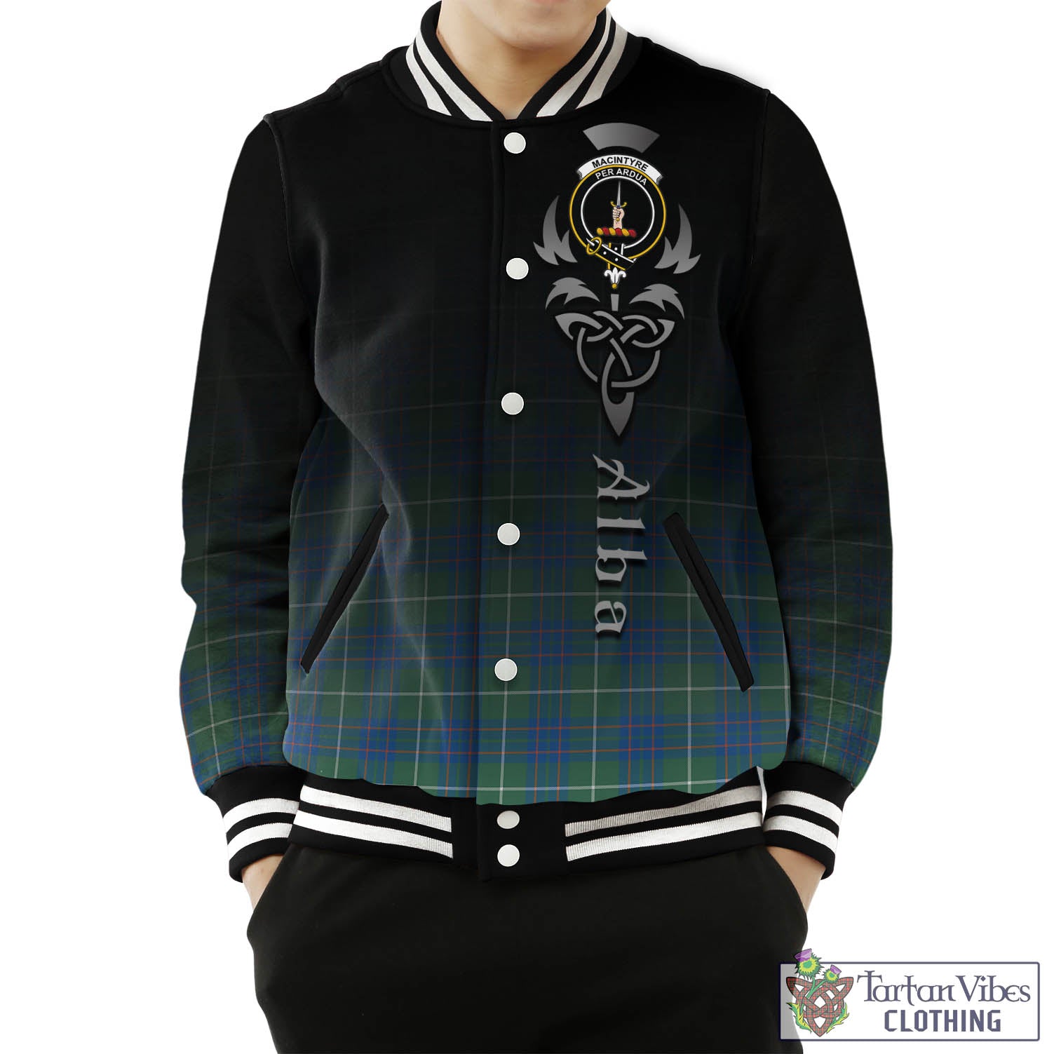 Tartan Vibes Clothing MacIntyre Hunting Ancient Tartan Baseball Jacket Featuring Alba Gu Brath Family Crest Celtic Inspired