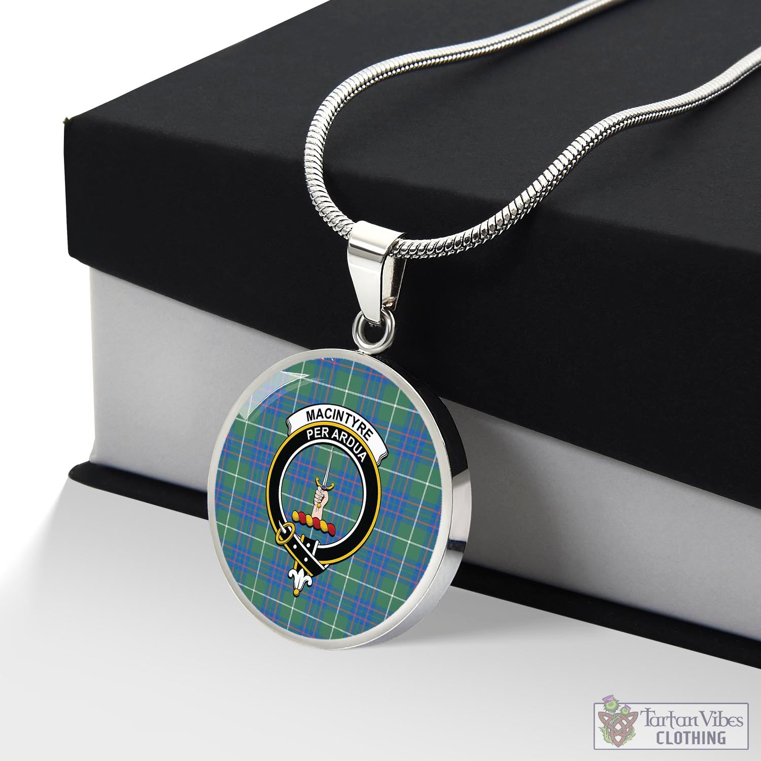 Tartan Vibes Clothing MacIntyre Hunting Ancient Tartan Circle Necklace with Family Crest