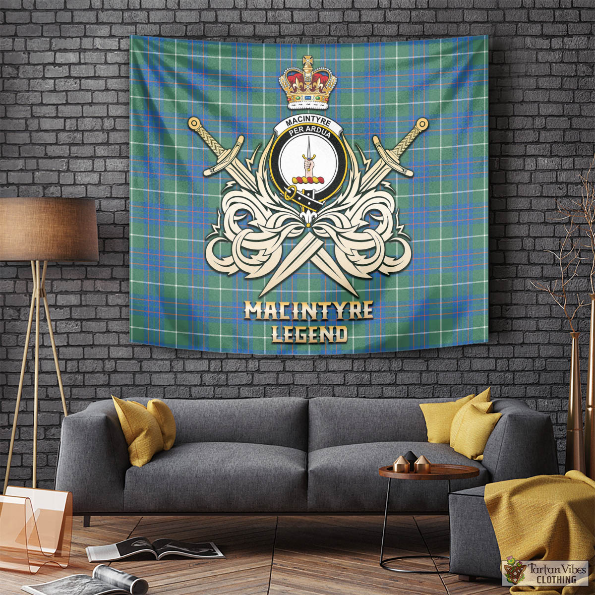 Tartan Vibes Clothing MacIntyre Hunting Ancient Tartan Tapestry with Clan Crest and the Golden Sword of Courageous Legacy