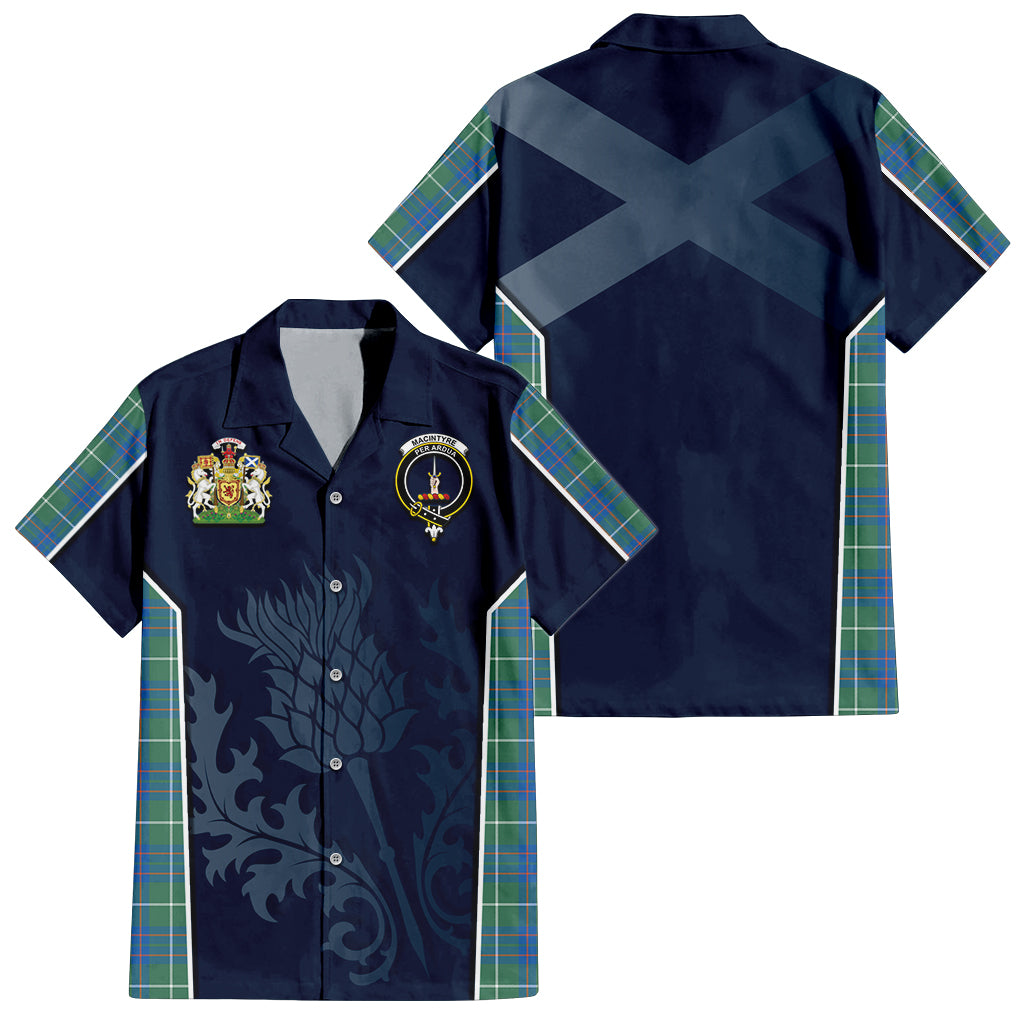 Tartan Vibes Clothing MacIntyre Hunting Ancient Tartan Short Sleeve Button Up Shirt with Family Crest and Scottish Thistle Vibes Sport Style