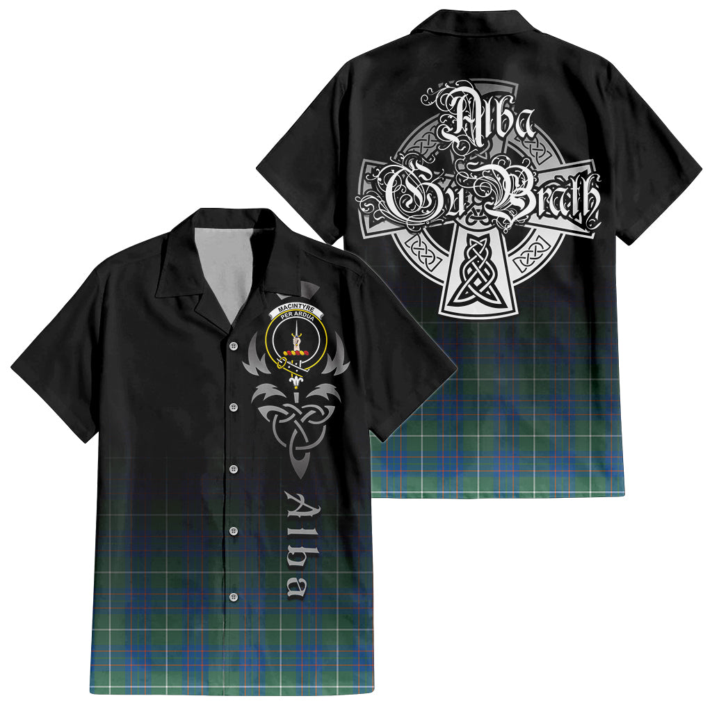 Tartan Vibes Clothing MacIntyre Hunting Ancient Tartan Short Sleeve Button Up Featuring Alba Gu Brath Family Crest Celtic Inspired