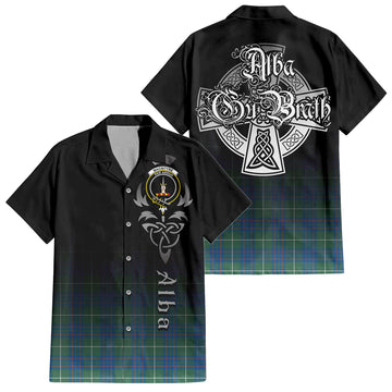 MacIntyre Hunting Ancient Tartan Short Sleeve Button Up Shirt Featuring Alba Gu Brath Family Crest Celtic Inspired