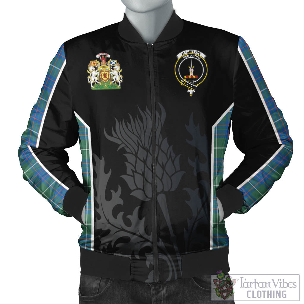 Tartan Vibes Clothing MacIntyre Hunting Ancient Tartan Bomber Jacket with Family Crest and Scottish Thistle Vibes Sport Style