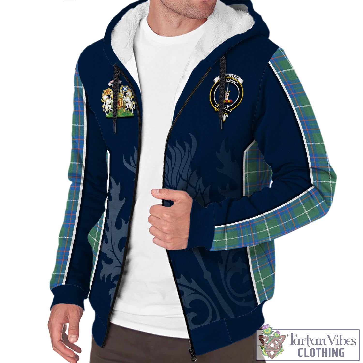 Tartan Vibes Clothing MacIntyre Hunting Ancient Tartan Sherpa Hoodie with Family Crest and Scottish Thistle Vibes Sport Style