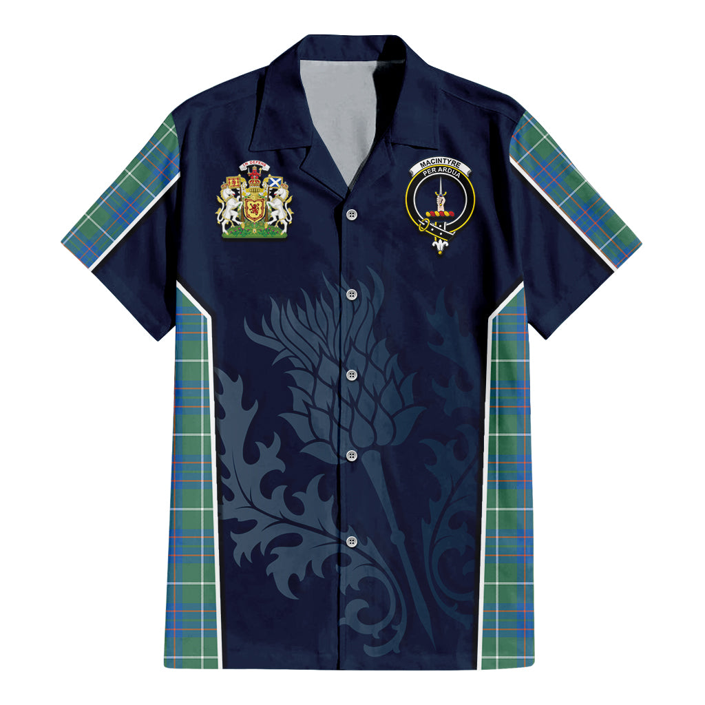 Tartan Vibes Clothing MacIntyre Hunting Ancient Tartan Short Sleeve Button Up Shirt with Family Crest and Scottish Thistle Vibes Sport Style