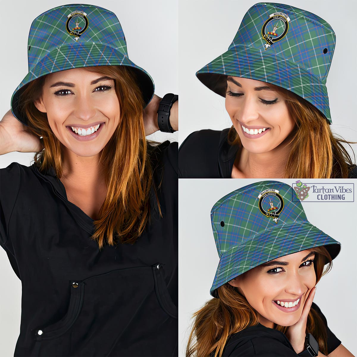 Tartan Vibes Clothing MacIntyre Hunting Ancient Tartan Bucket Hat with Family Crest