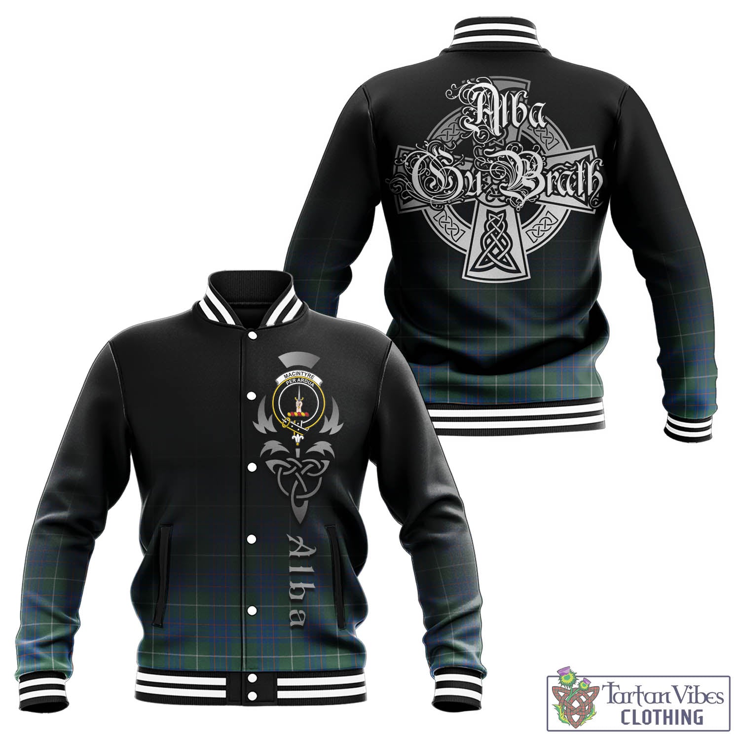 Tartan Vibes Clothing MacIntyre Hunting Ancient Tartan Baseball Jacket Featuring Alba Gu Brath Family Crest Celtic Inspired