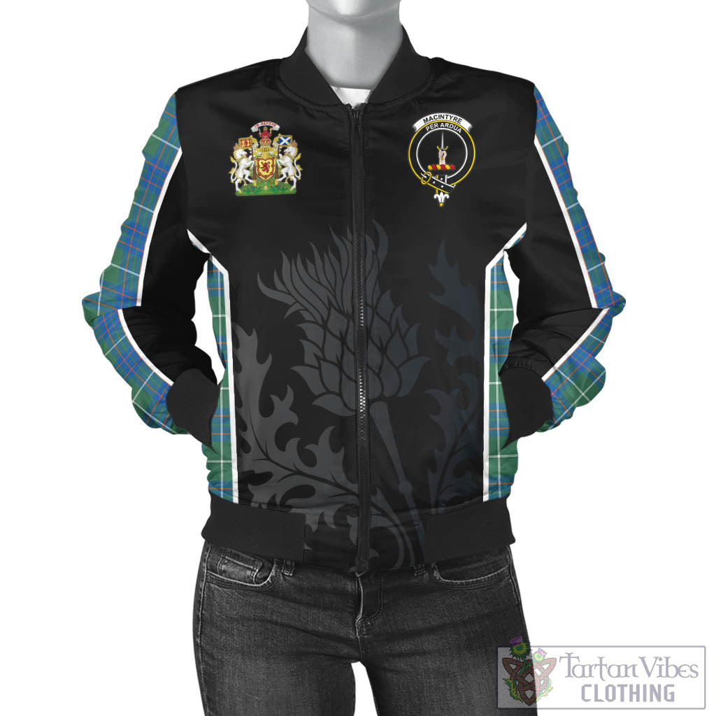 Tartan Vibes Clothing MacIntyre Hunting Ancient Tartan Bomber Jacket with Family Crest and Scottish Thistle Vibes Sport Style