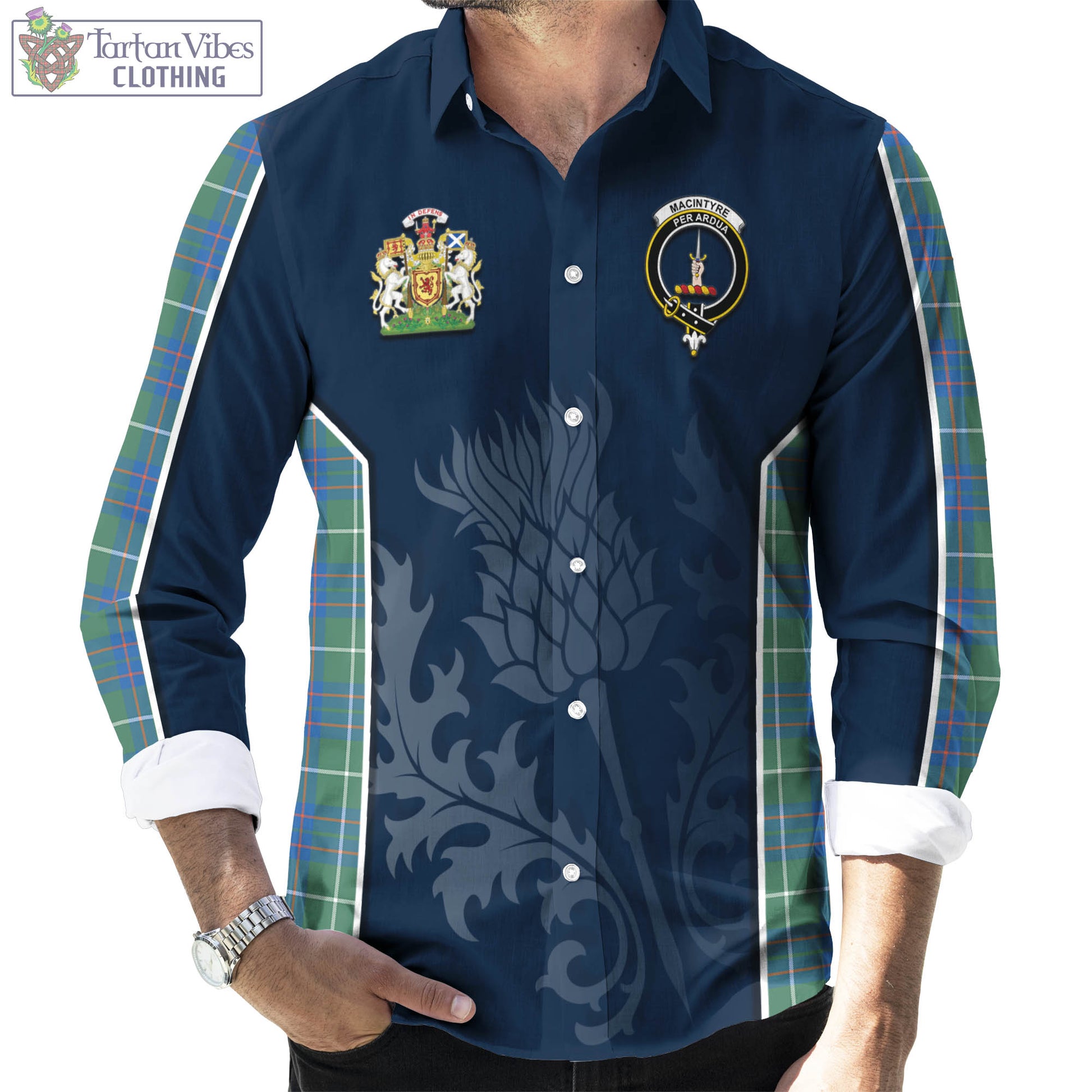 Tartan Vibes Clothing MacIntyre Hunting Ancient Tartan Long Sleeve Button Up Shirt with Family Crest and Scottish Thistle Vibes Sport Style