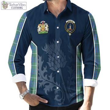 MacIntyre Hunting Ancient Tartan Long Sleeve Button Up Shirt with Family Crest and Scottish Thistle Vibes Sport Style