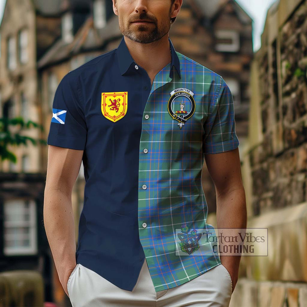 Tartan Vibes Clothing MacIntyre Hunting Ancient Tartan Short Sleeve Button Shirt with Scottish Lion Royal Arm Half Style