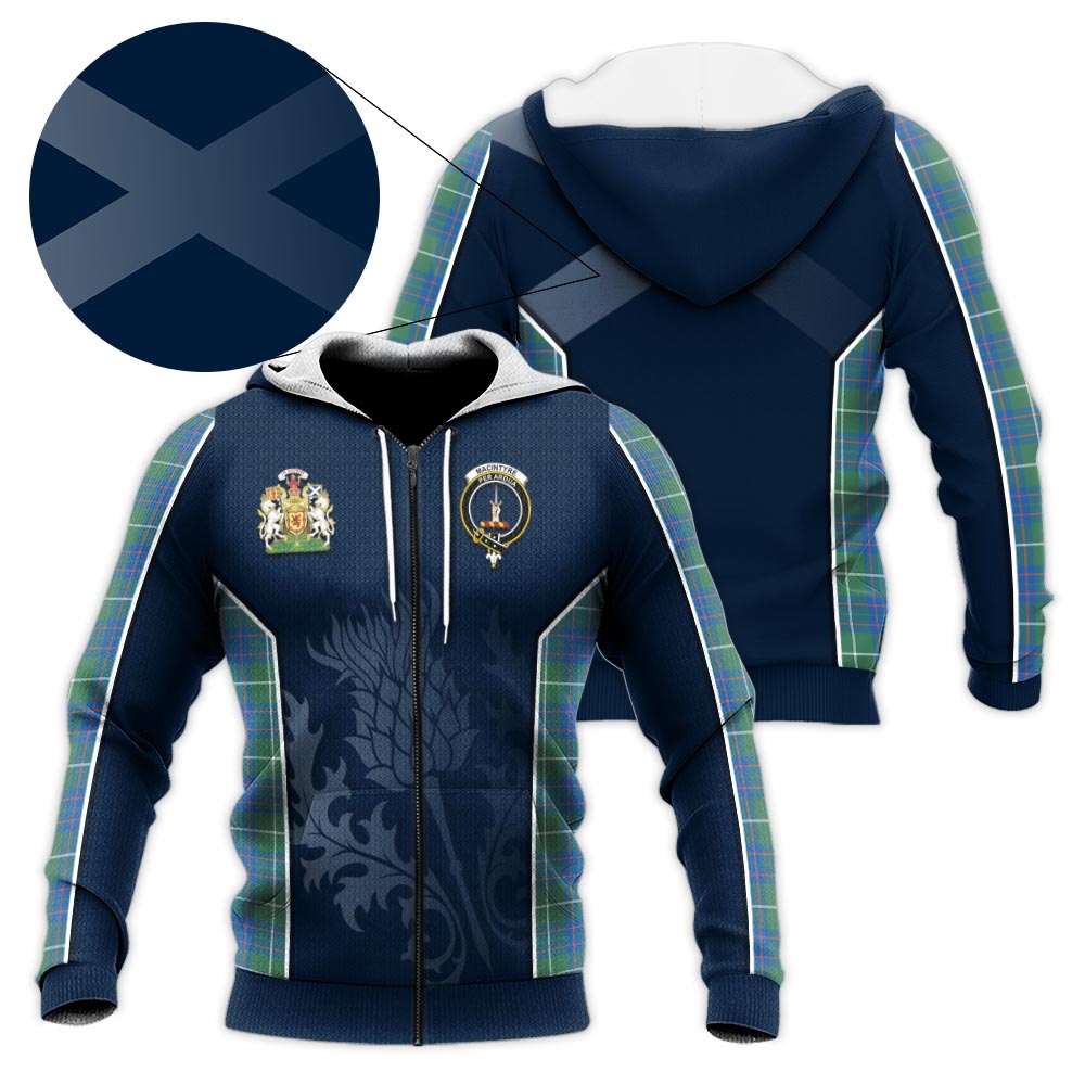 Tartan Vibes Clothing MacIntyre Hunting Ancient Tartan Knitted Hoodie with Family Crest and Scottish Thistle Vibes Sport Style