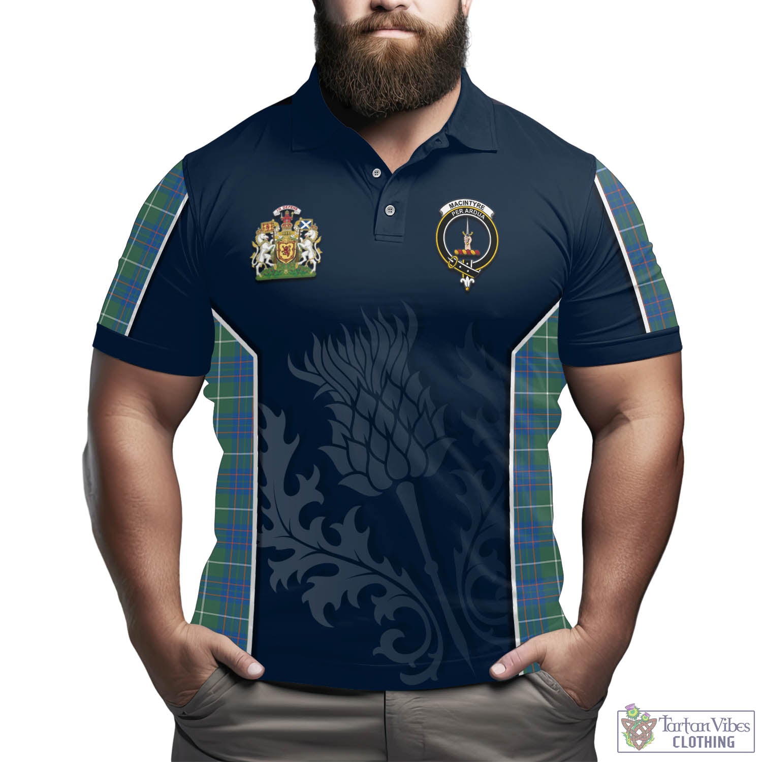 Tartan Vibes Clothing MacIntyre Hunting Ancient Tartan Men's Polo Shirt with Family Crest and Scottish Thistle Vibes Sport Style