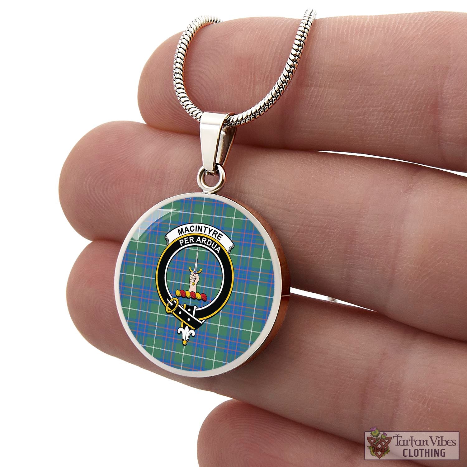 Tartan Vibes Clothing MacIntyre Hunting Ancient Tartan Circle Necklace with Family Crest