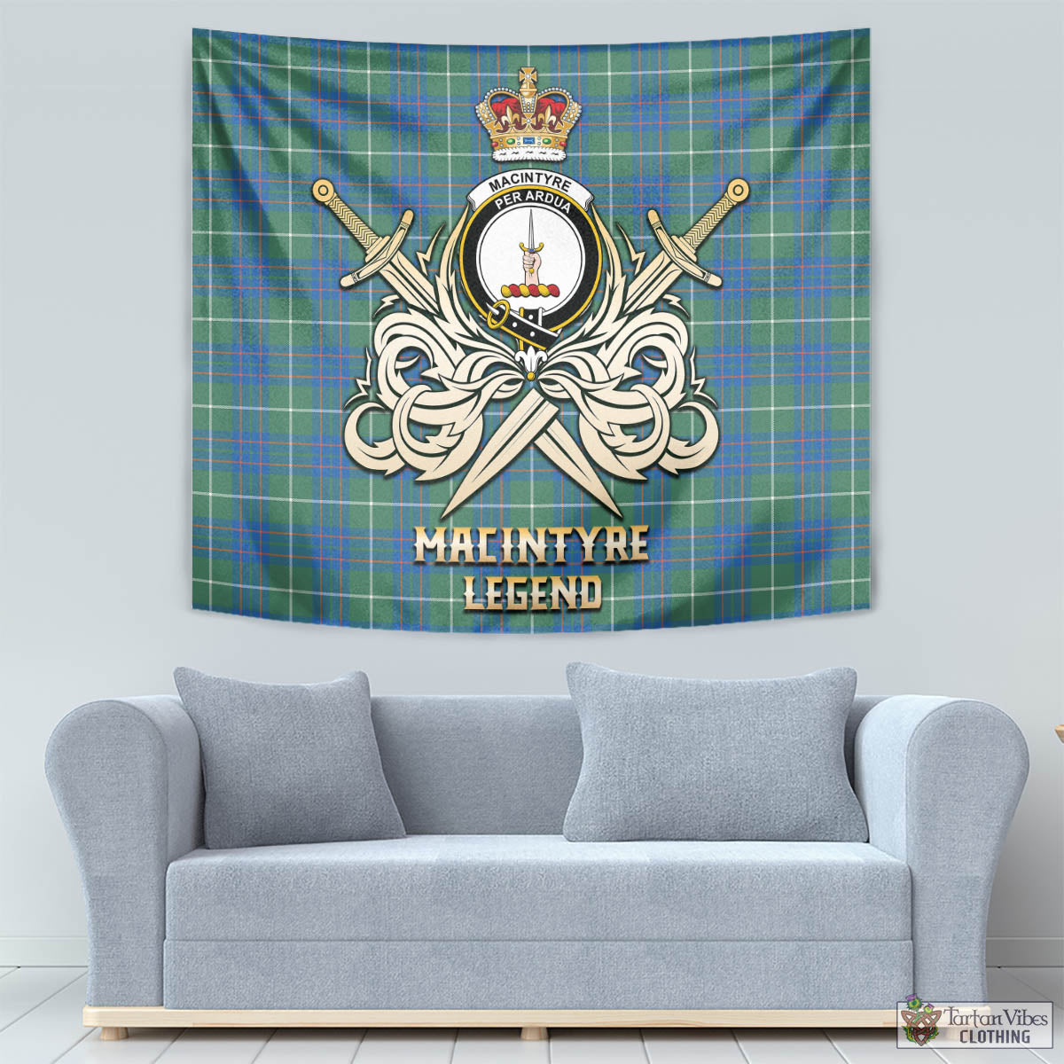 Tartan Vibes Clothing MacIntyre Hunting Ancient Tartan Tapestry with Clan Crest and the Golden Sword of Courageous Legacy