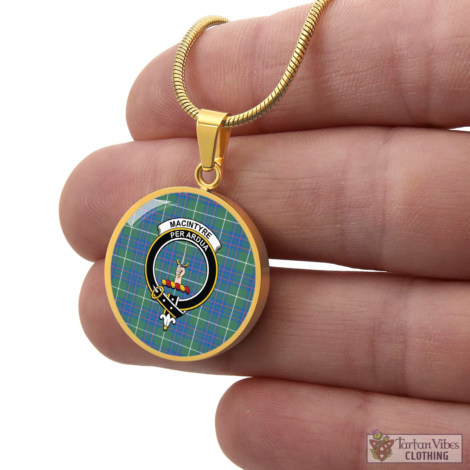 Tartan Vibes Clothing MacIntyre Hunting Ancient Tartan Circle Necklace with Family Crest