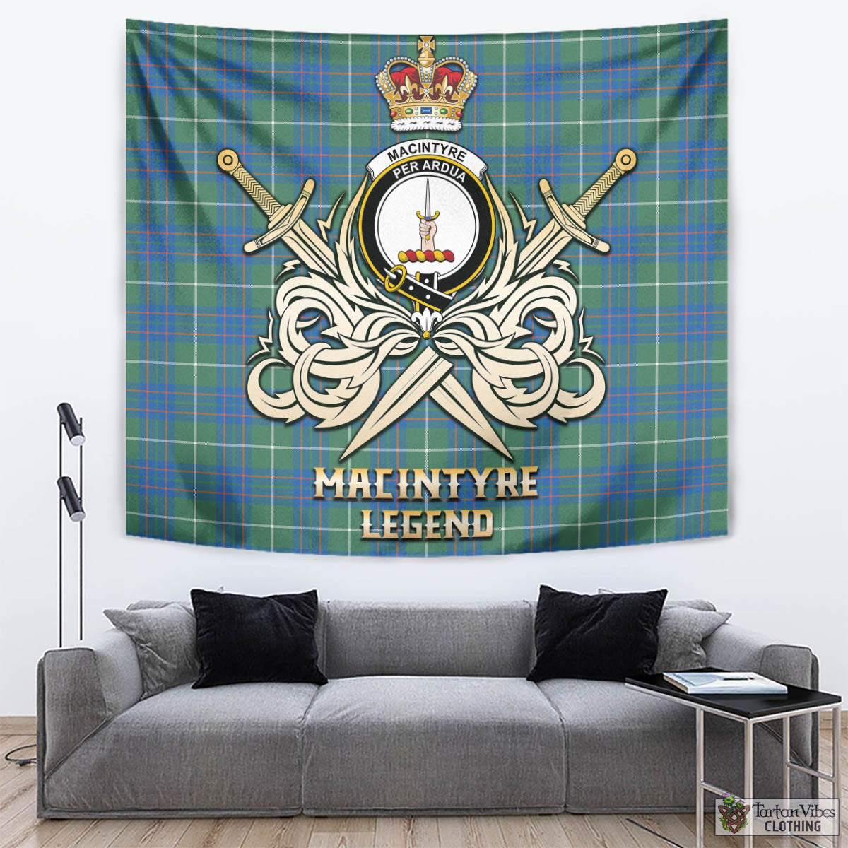 Tartan Vibes Clothing MacIntyre Hunting Ancient Tartan Tapestry with Clan Crest and the Golden Sword of Courageous Legacy